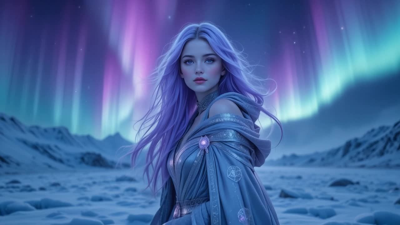 一名身穿蓝色长袍的年轻女子站在白雪皑皑的地面上。她