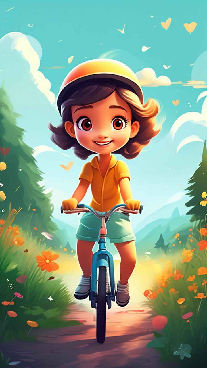 卡通可爱的女孩骑自行车梦幻般的意象 25