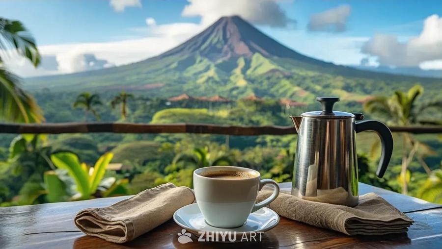 桌子上放着咖啡杯、咖啡壶和餐巾，远眺着哥斯达黎加的