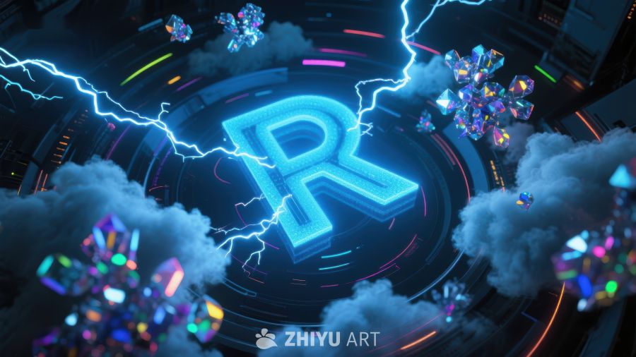 霓虹字母R与闪电环绕的未来场景 448