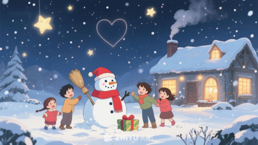 冬夜温馨场景：孩子们与雪人共度时光 71