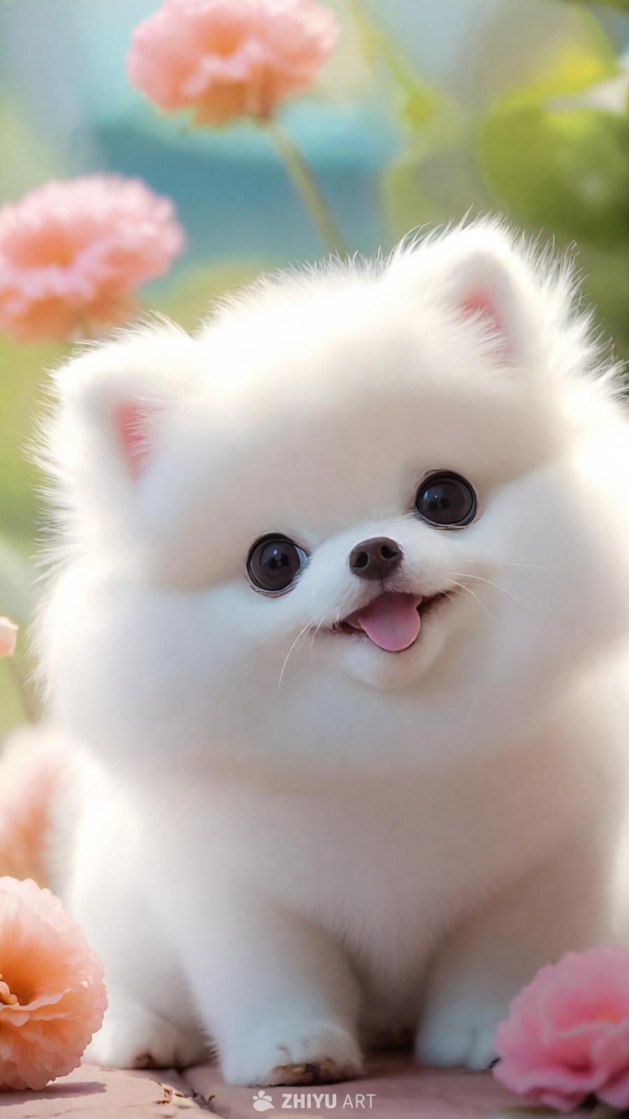 一只蓬松的白色博美犬，眼睛里闪烁着顽皮的光芒，在色