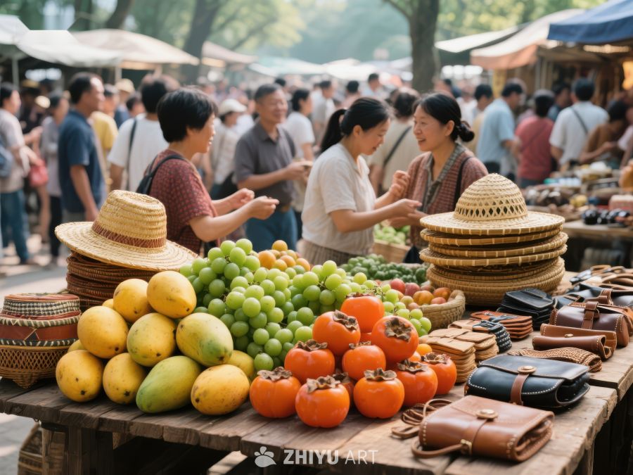 市场摊位展示新鲜水果与手工艺品 511