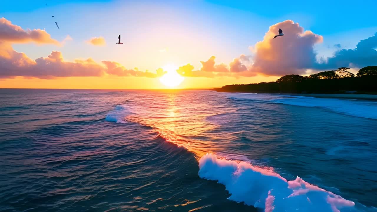 日落时分的绚丽海面。柔和的波浪轻拍水面。海鸥在天空