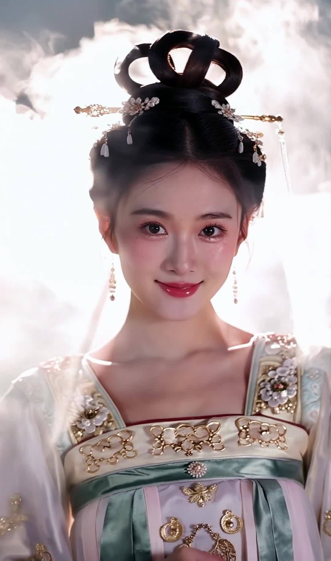 汉服丸子头女子磨砂玻璃特写