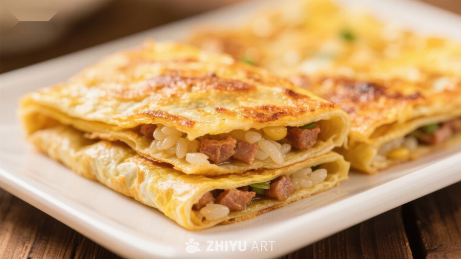 金黄煎饼卷米饭，美味传统小吃
