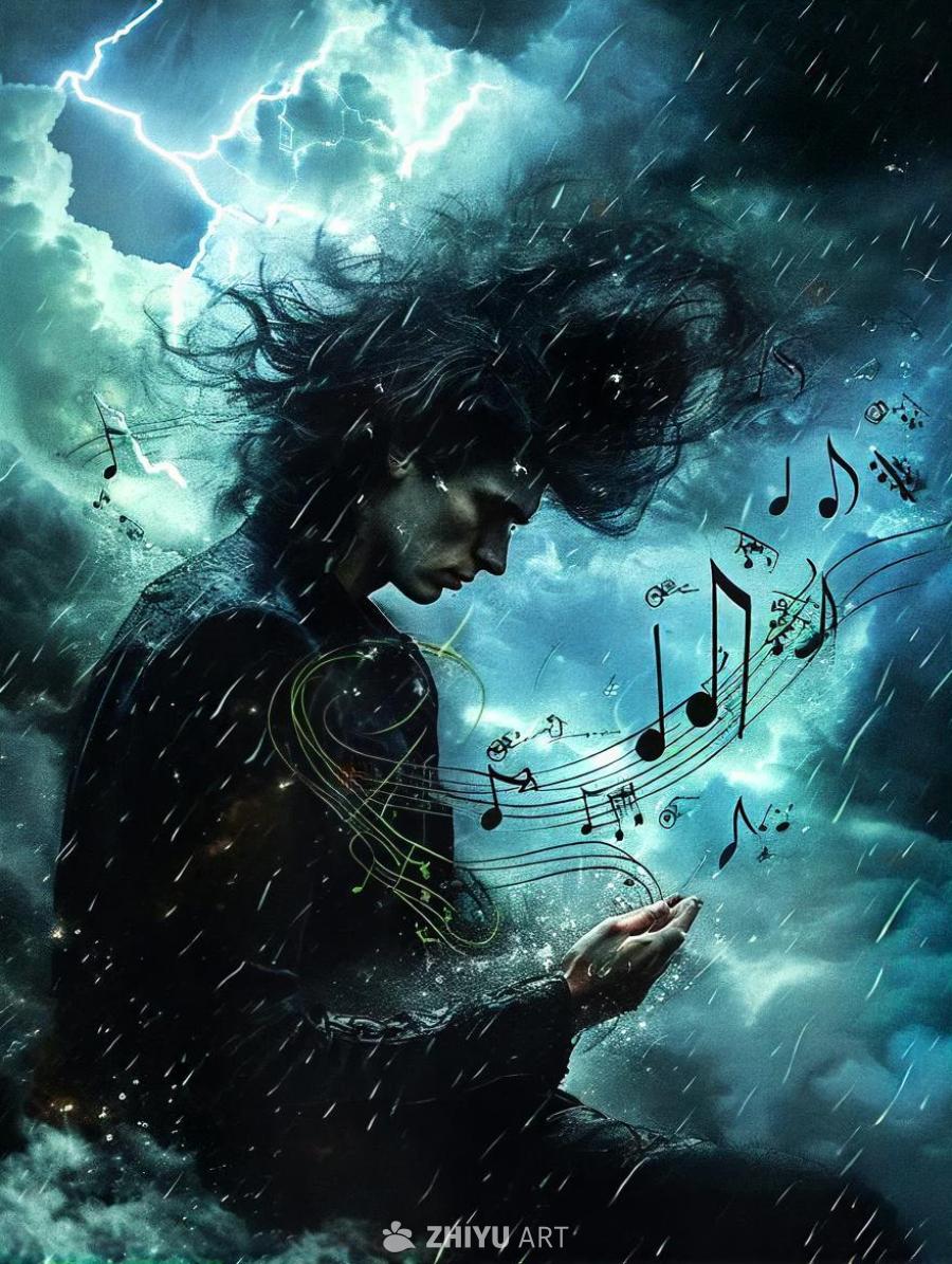 黑发男子在雨中创造音乐，周围环绕着音符。背景是乌云