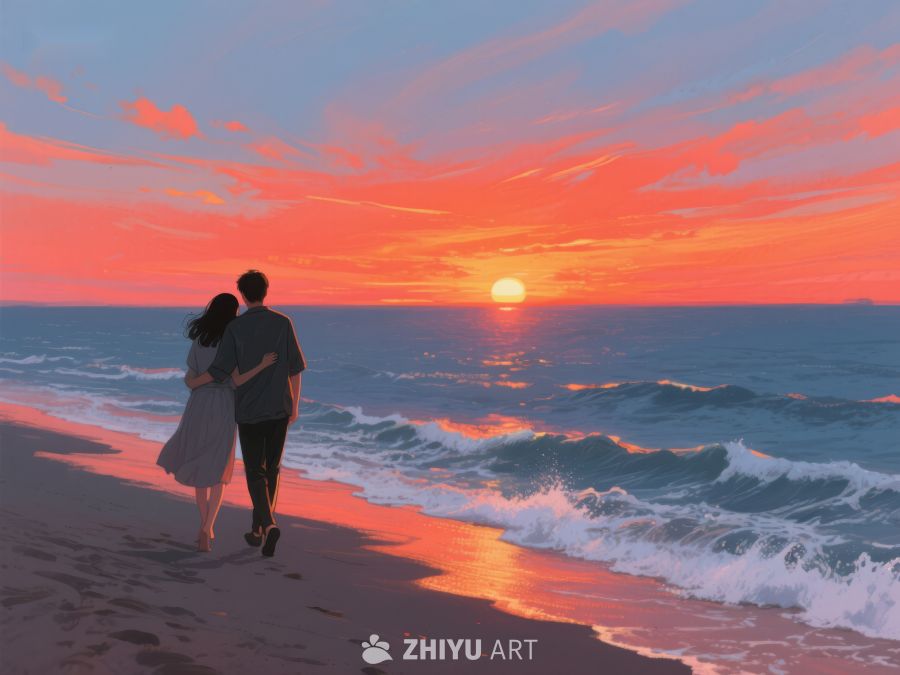 情侣海边漫步，共赏夕阳美景 500