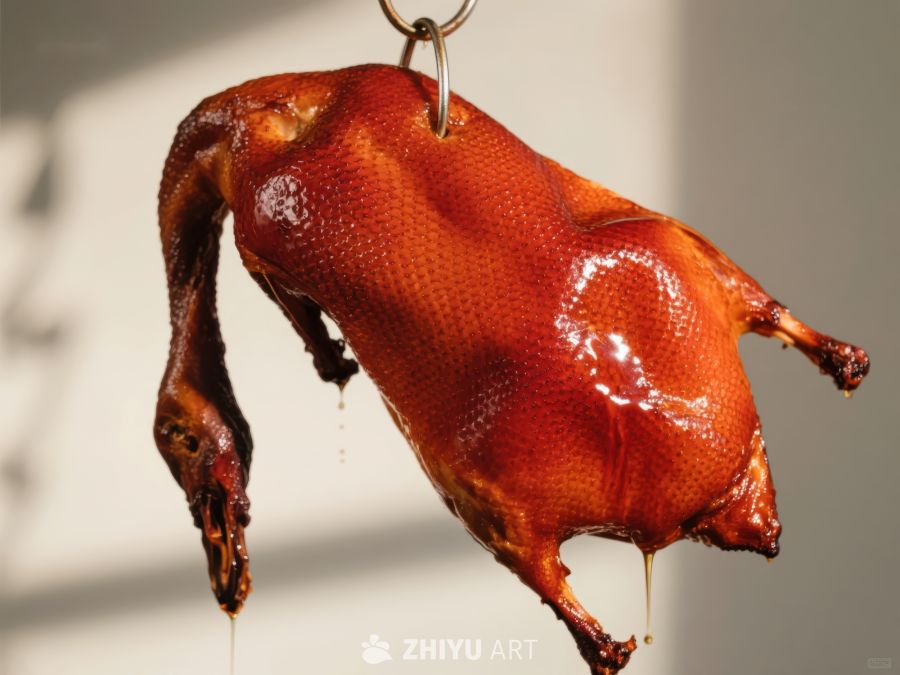 烤鸭悬挂展示，色泽诱人 585