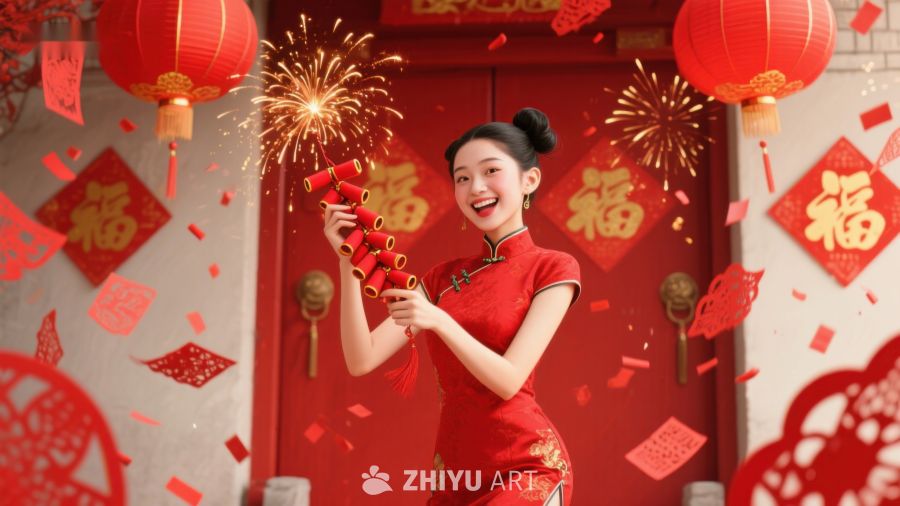 女子身着旗袍手持鞭炮庆祝春节 708