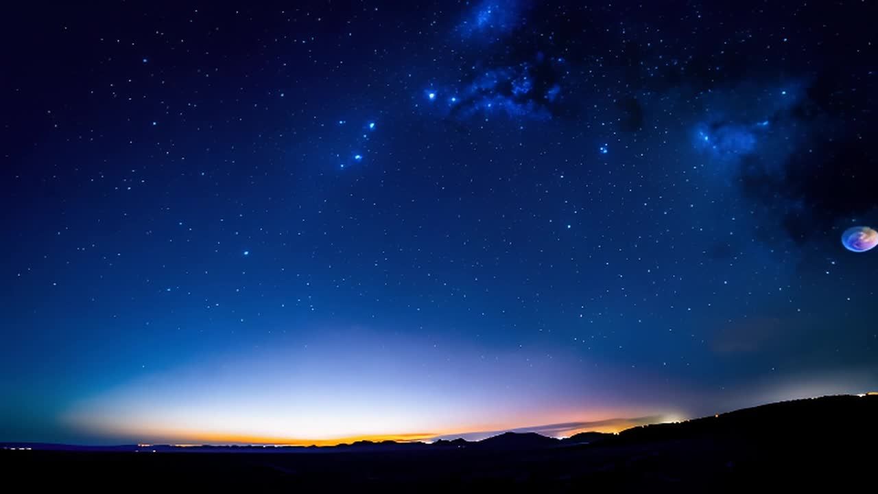 广角镜头捕捉夜空的广阔景象，星星在天空中划过，地球