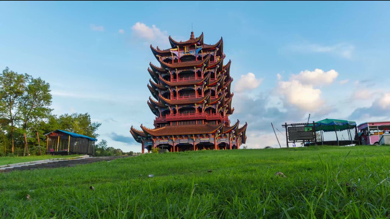 苏埠苏家埠清源楼淠史杭工程纪念馆蓝天白云草地移动延时