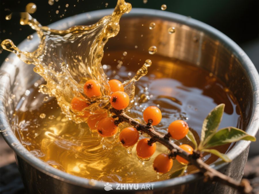 海 buckthorn 浆果落入蜂蜜中溅起 228