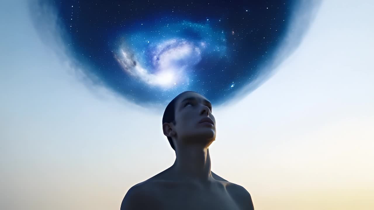 一个人站在开阔的风景中，他的头部呈现出宇宙爆炸的形