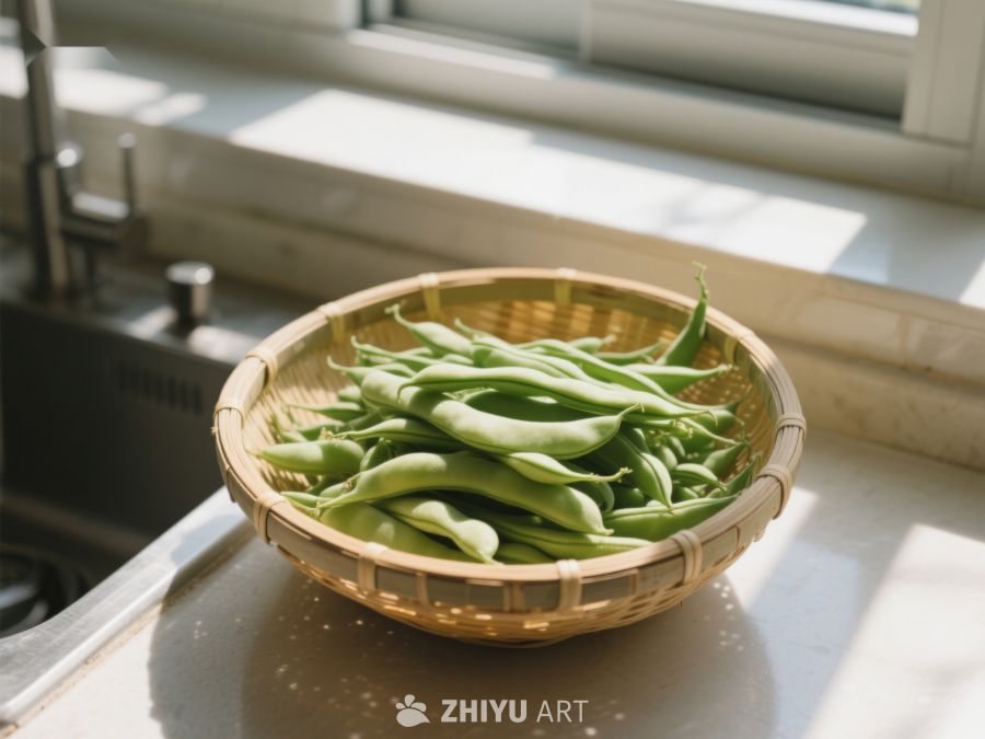 竹篮中的新鲜四季豆 614