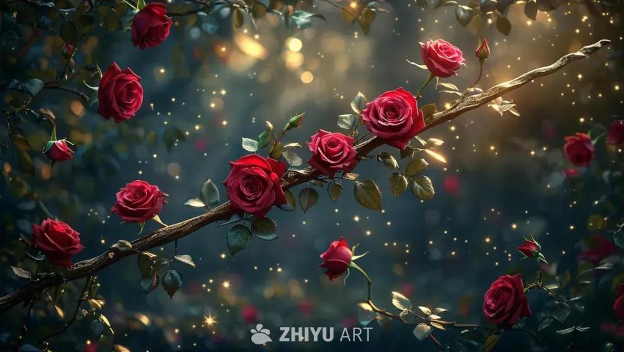 一根奇特的魔杖，装饰着精致的深红色玫瑰，花瓣轻轻地