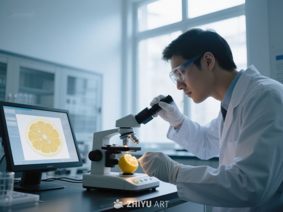 科学家在实验室用显微镜观察柠檬切片 242