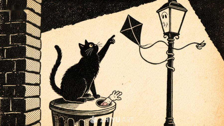 黑猫夜灯下戏弄风筝