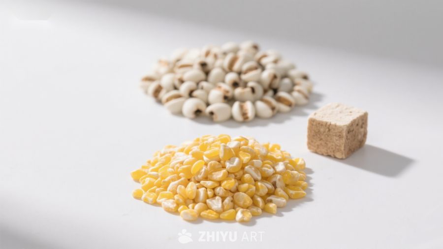 玉米粒、薏米与红糖的静物组合