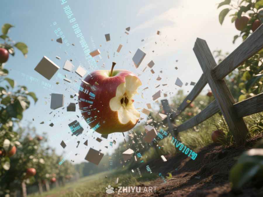 果园中苹果与数据碎片交织的场景 161