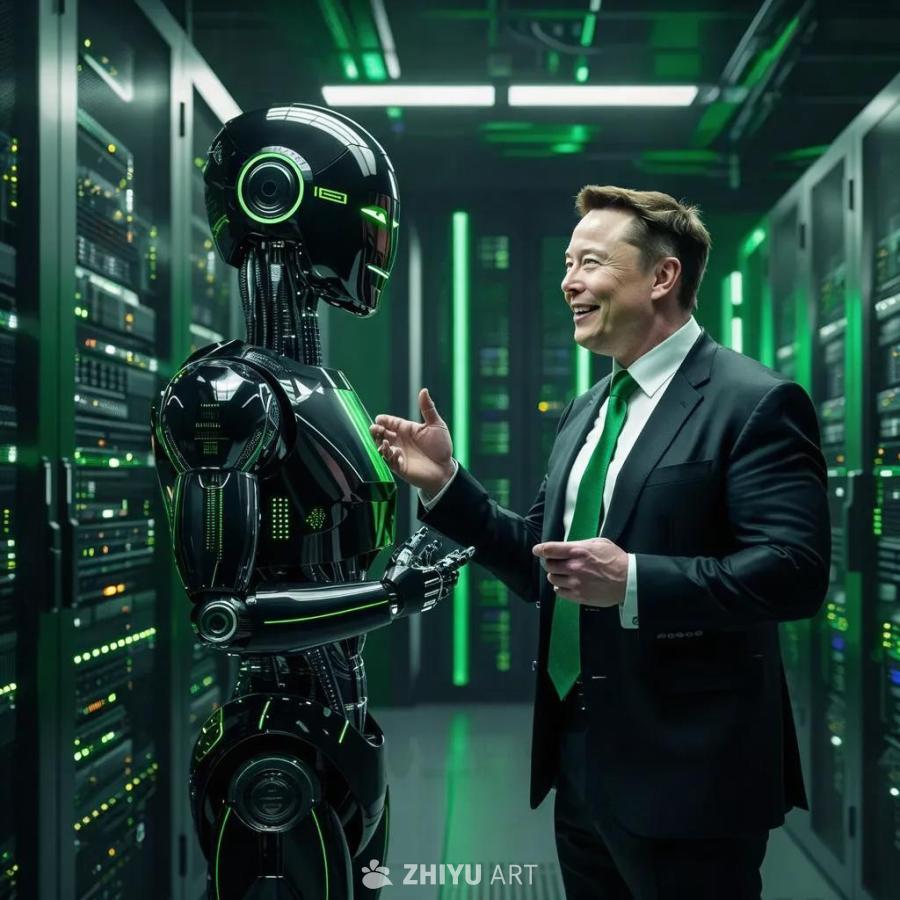 在一个大型数据中心内，身穿黑色西装和绿色领带的埃隆
