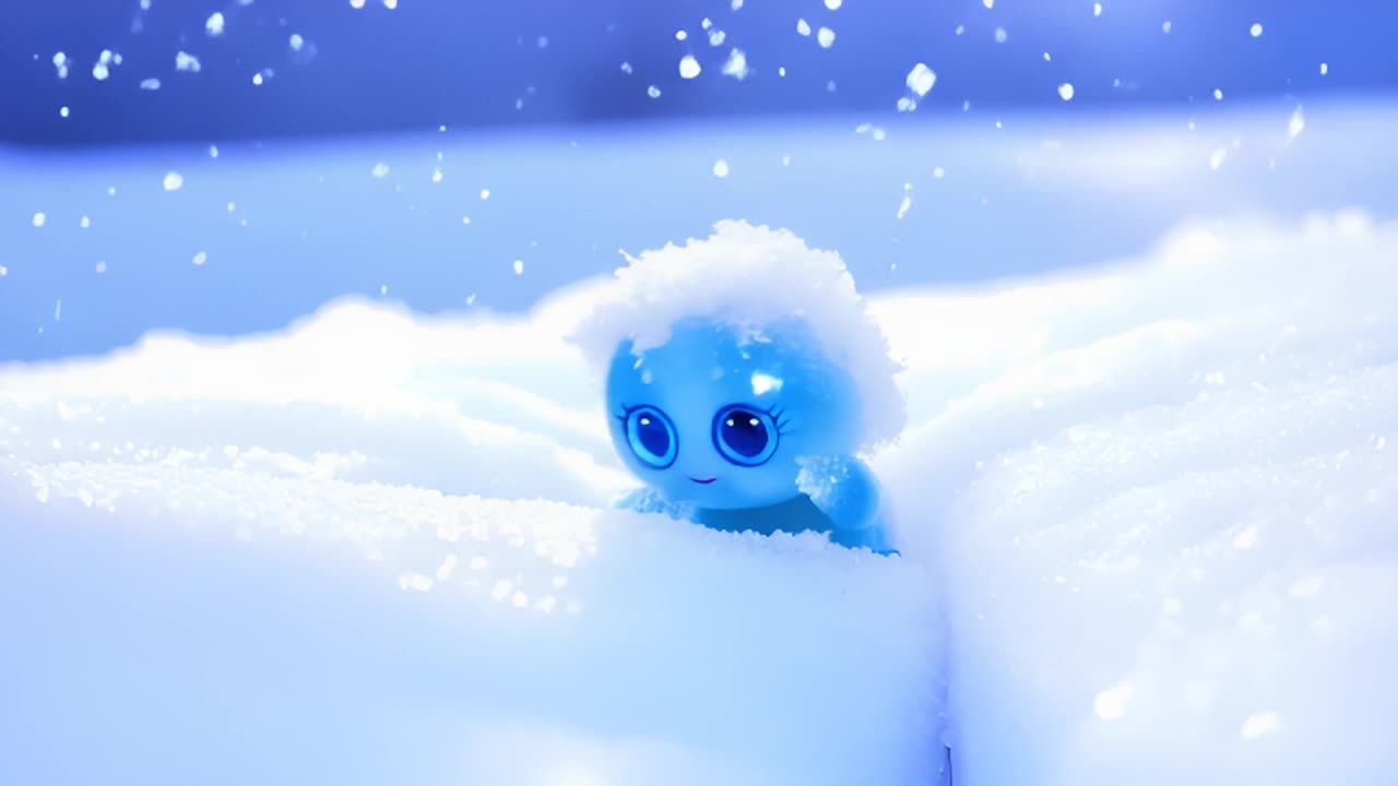 一只蓝色的小生物在雪中，它的头部和身体部分被雪覆盖