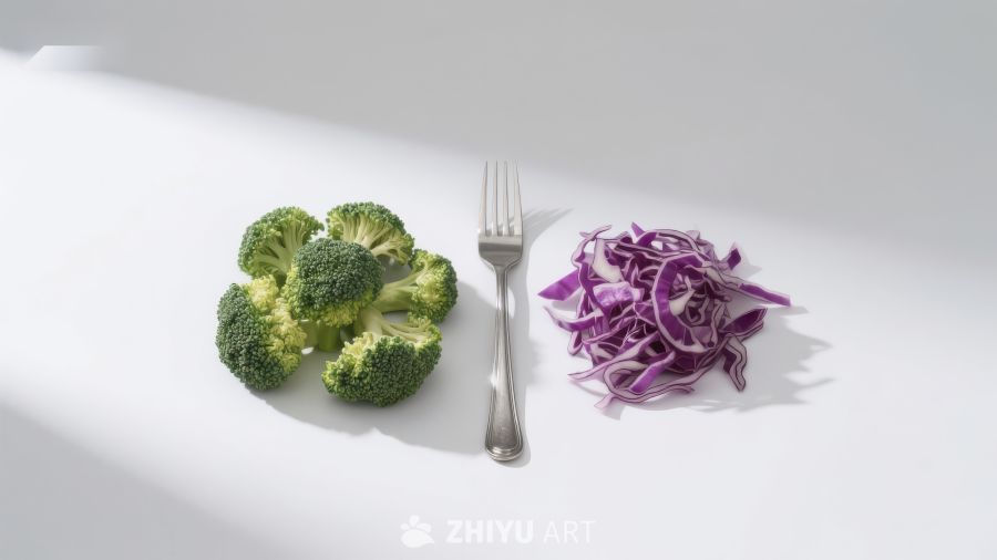 西兰花与紫甘蓝的简洁对比