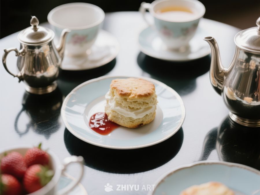 精致下午茶：松饼配草莓酱与茶具 290