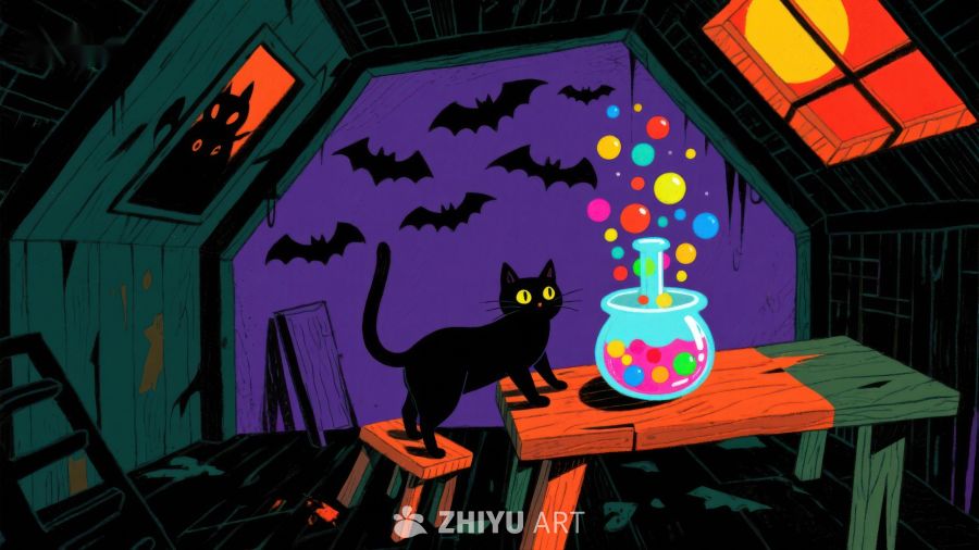 神秘阁楼中的黑猫与魔法药水