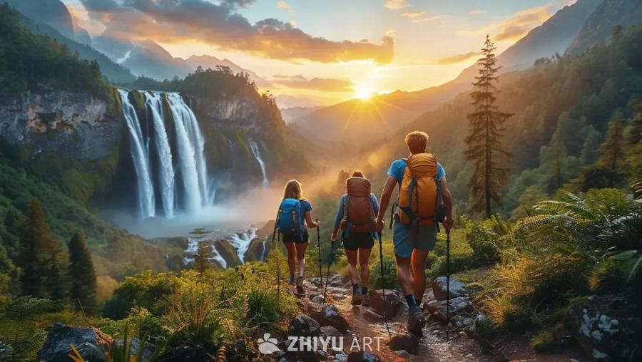 三个人背着背包，手持登山杖走在山间小路上。他们身后