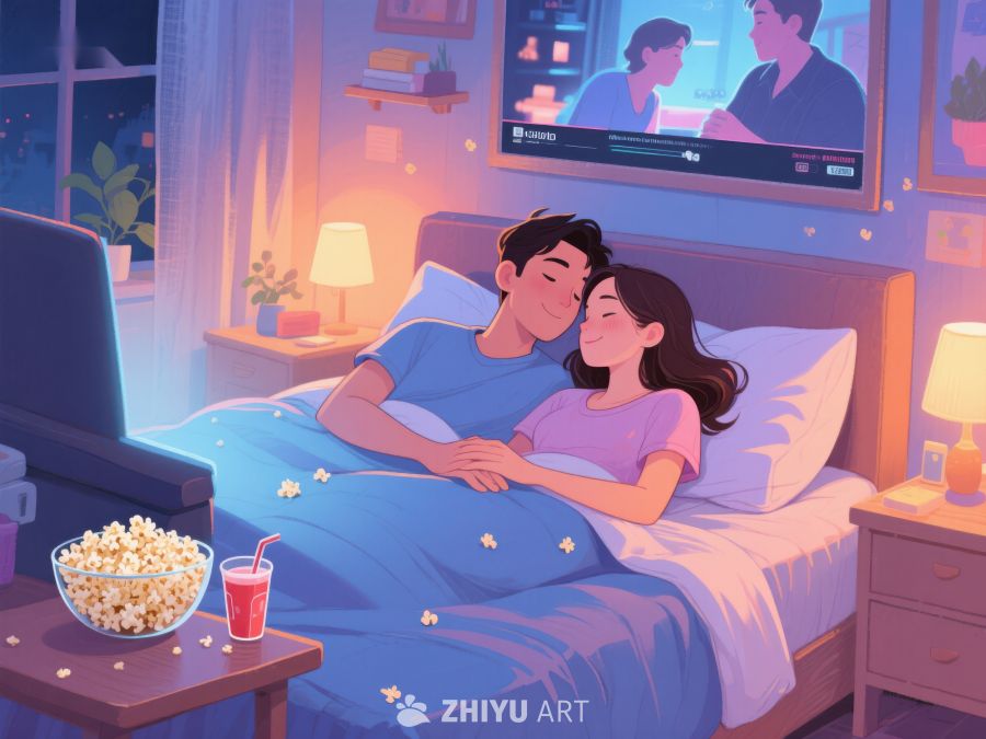 情侣夜晚床上观影温馨时刻 562