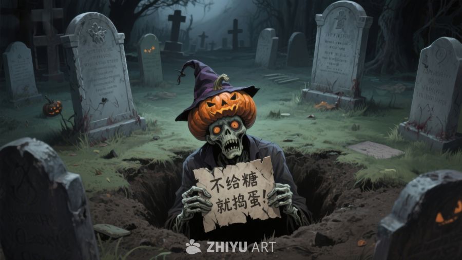 万圣节南瓜骷髅在墓地手持标语