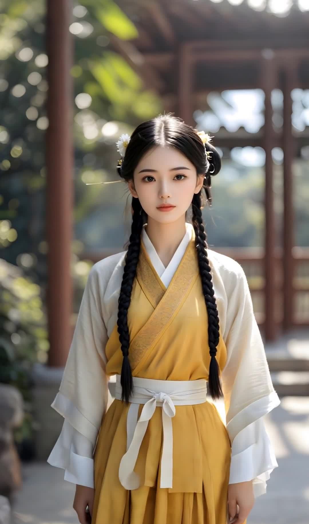 一位年轻女子身穿一件黄色古装，衣袖为白色，腰间系着