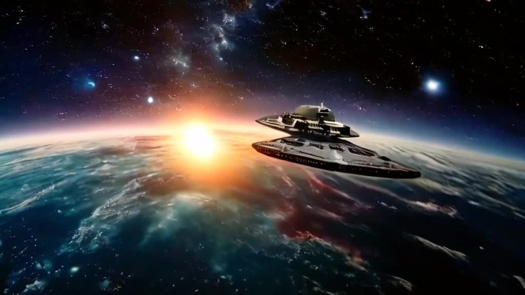 一艘巨大的宇宙飞船在浩瀚的太空中轻松滑行，其耀眼的