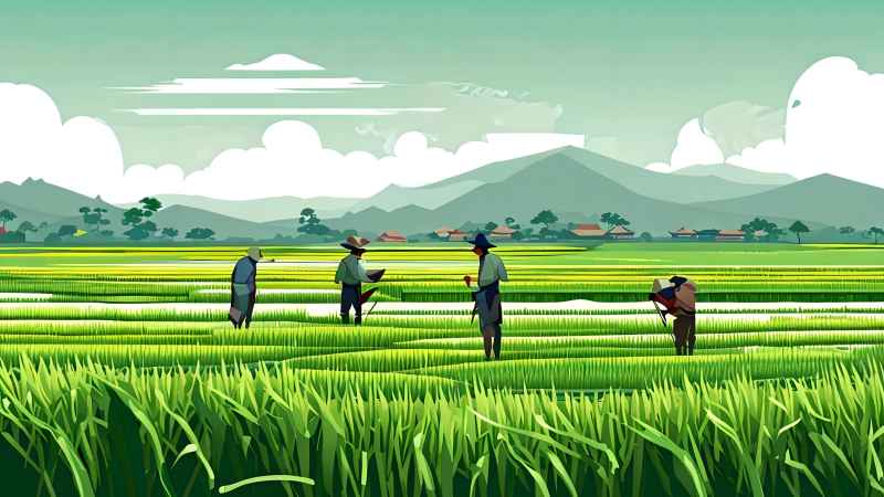 稻田和农作物中的农民绿色范例风格插画 6
