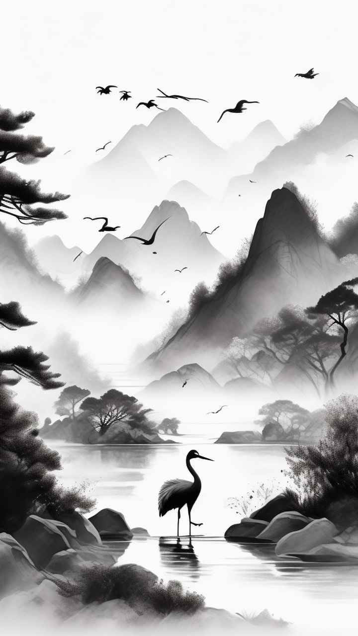 国风山水鹤插画背景 52