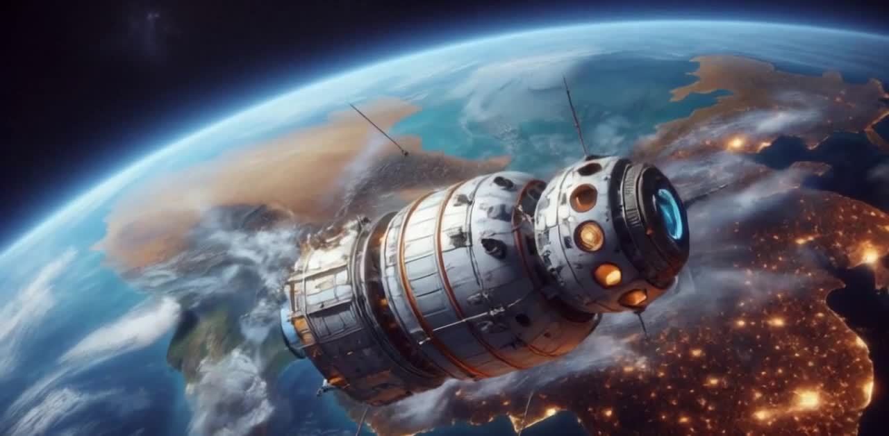 一颗带有天线的大型宇宙飞船，悬浮在地球大气层之外。