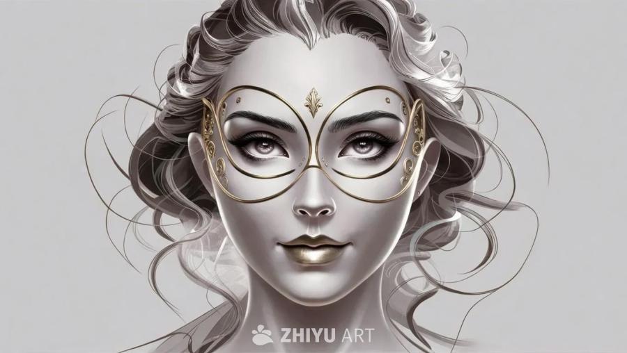 一个女人的脸部特写，她戴着一个精致的金色面具。面具