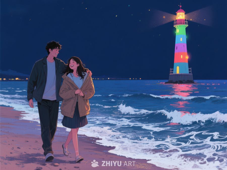 夜色下的灯塔与漫步情侣 996