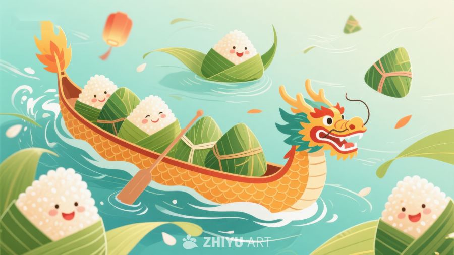 粽子乘龙舟，端午节欢乐场景 486