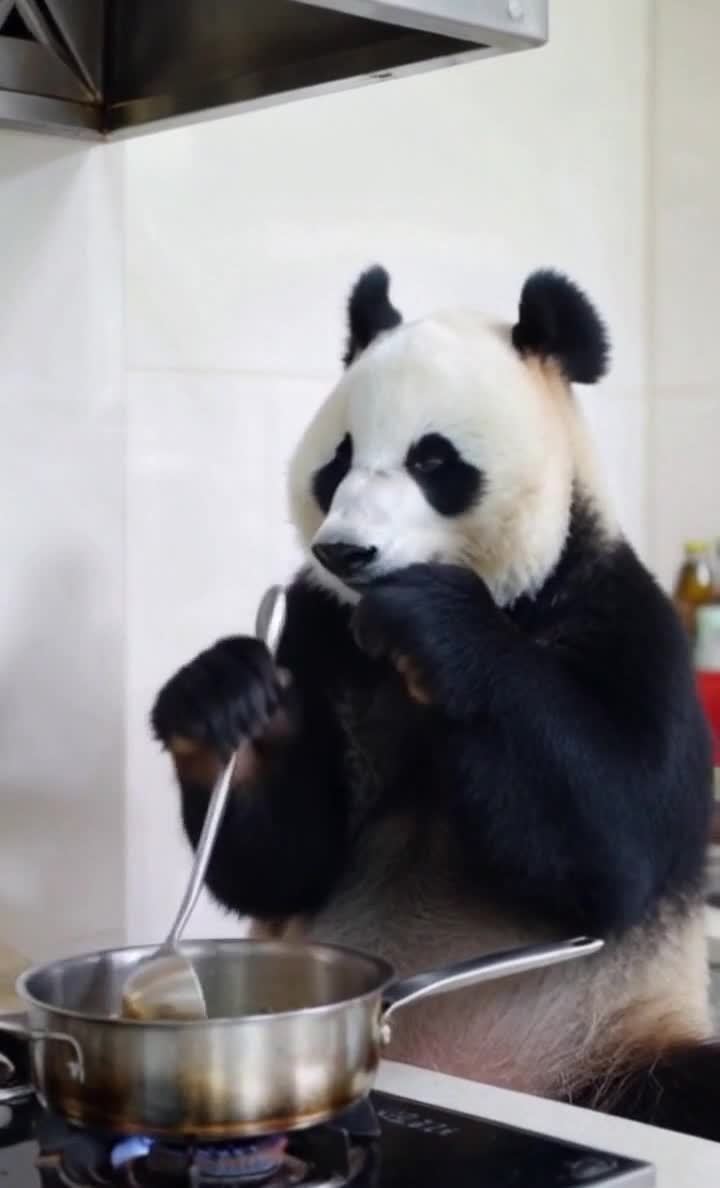 熊猫在厨房用勺子搅拌燃气灶上的不锈钢锅