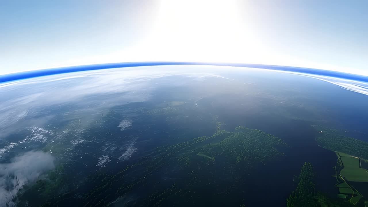 地球表面呈现出深绿色的树木和浅绿色的农田，海洋呈现