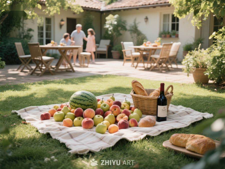 庭院草坪上的野餐布置 589