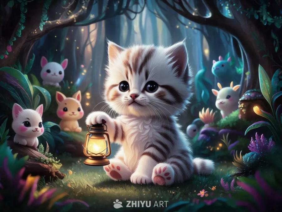 一只毛茸茸的白色小猫坐在一个黑暗的奇幻森林里。它手