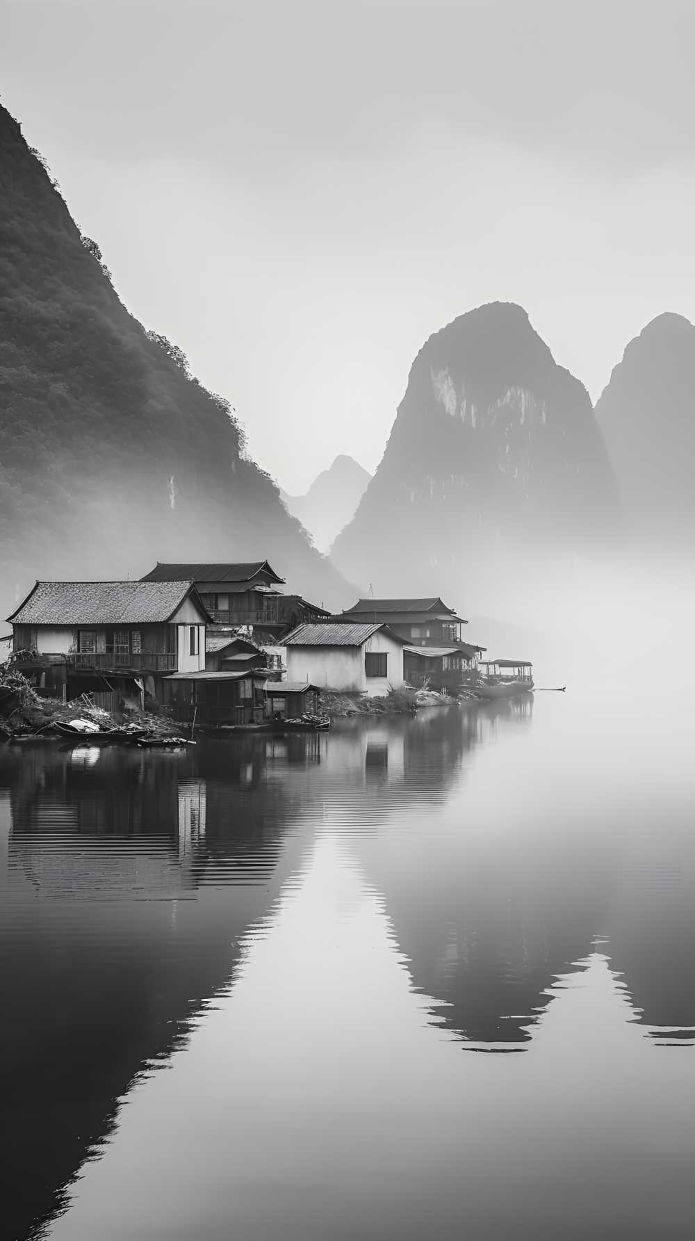 黑白摄影图水上江南小船人家