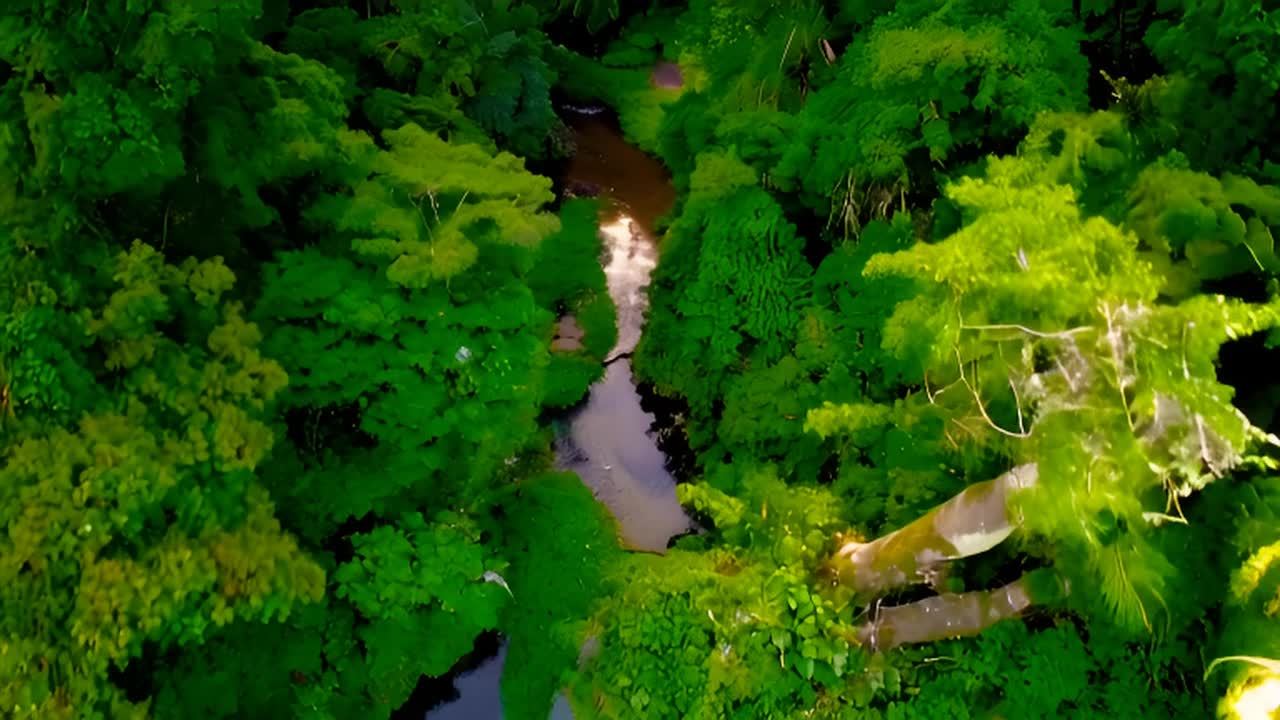 茂密的绿色植被覆盖着整个森林地面。蜿蜒曲折的小溪穿
