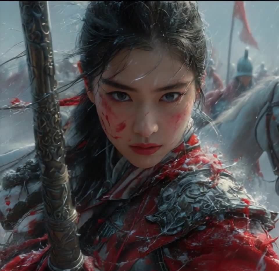雪夜战场浴血女将持矛立