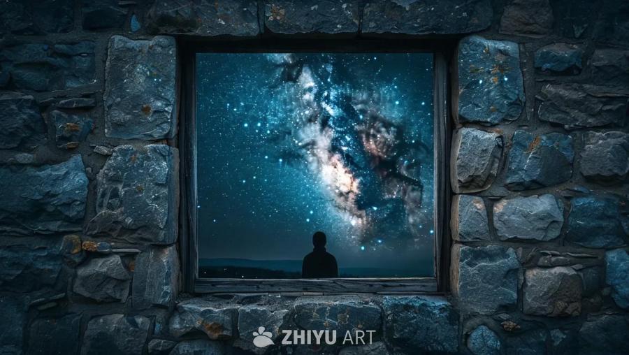一个石墙的窗户，窗外可见星夜，一个深色的、类似人形
