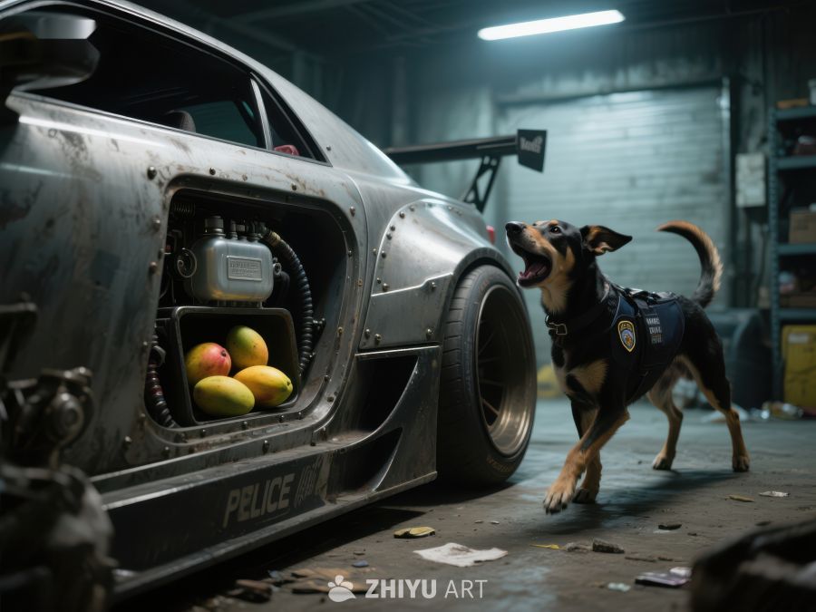 警犬与改装警车在车库中 220