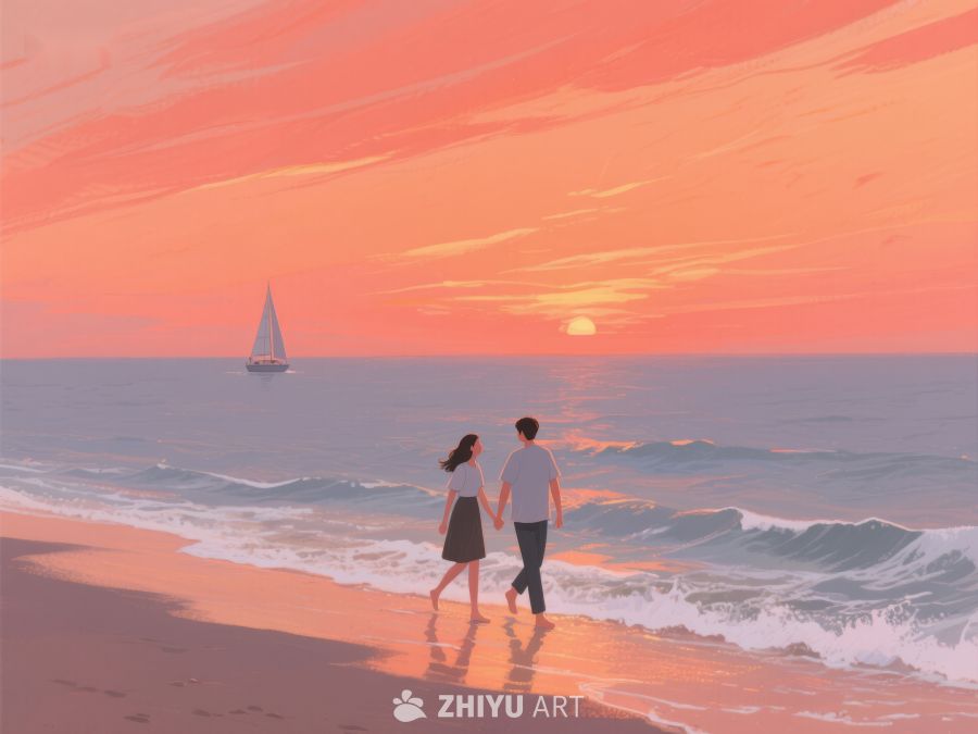 海边漫步的情侣与夕阳帆船 246